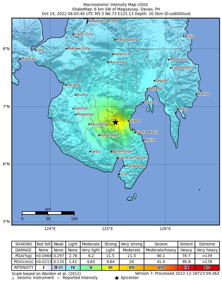 USGS ShakeMap intensity contours for the M5.5 earthquake near 6 km SW of Magsaysay, Philippines