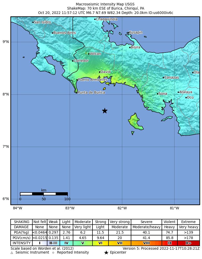 USGS ShakeMap intensity contours for the M6.7 earthquake near 60 km SSW of Boca Chica, Panama
