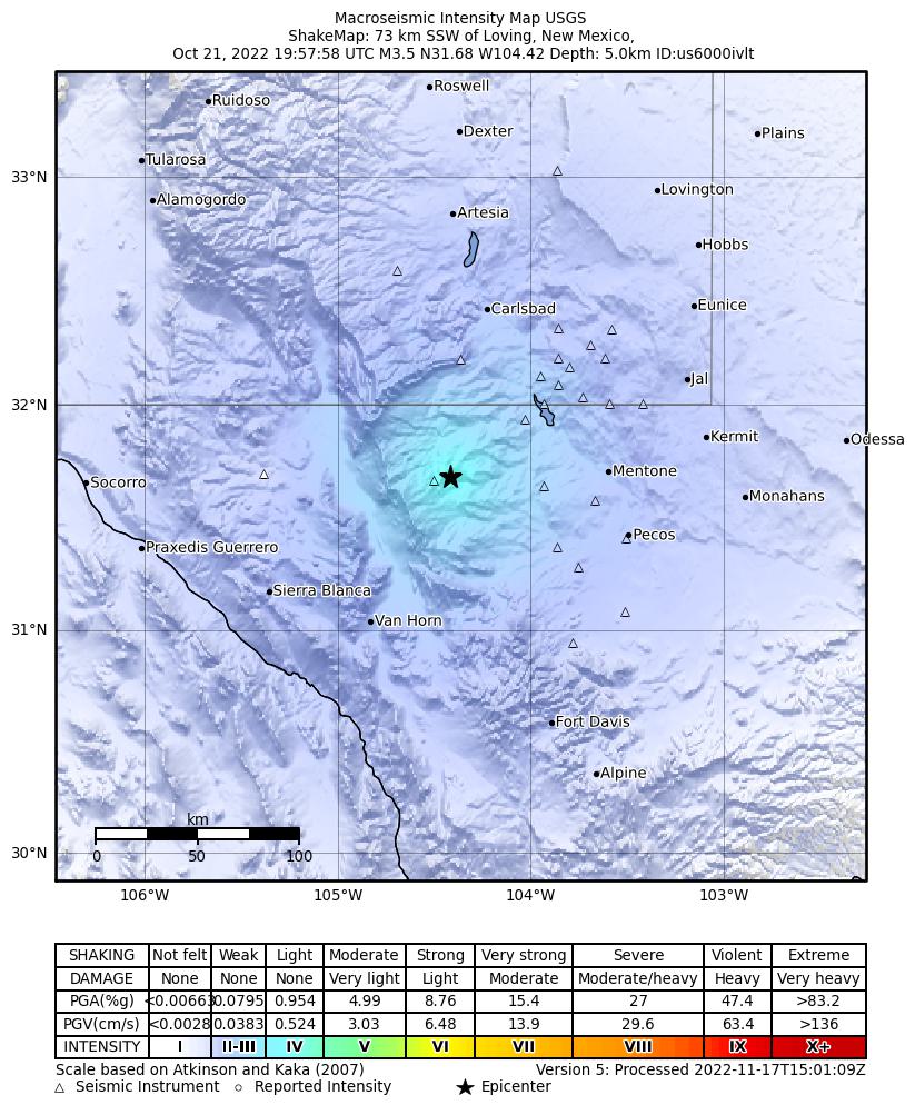 USGS ShakeMap intensity contours for the M3.5 earthquake near western Texas