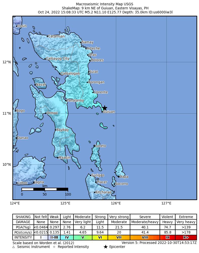 USGS ShakeMap intensity contours for the M5.2 earthquake near 9 km NE of Guiuan, Philippines