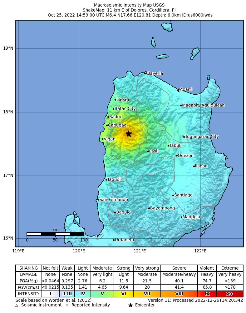 USGS ShakeMap intensity contours for the M6.4 earthquake near 11 km E of Dolores, Philippines