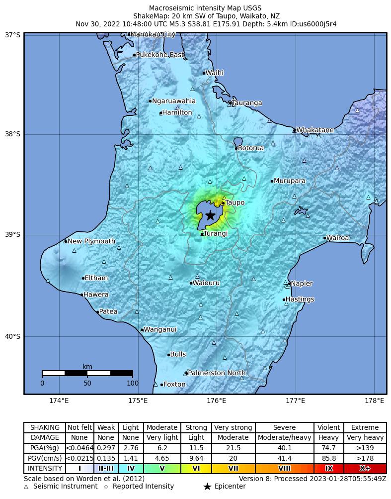 USGS ShakeMap intensity contours for the M5.3 earthquake near 20 km SW of Taupo, New Zealand