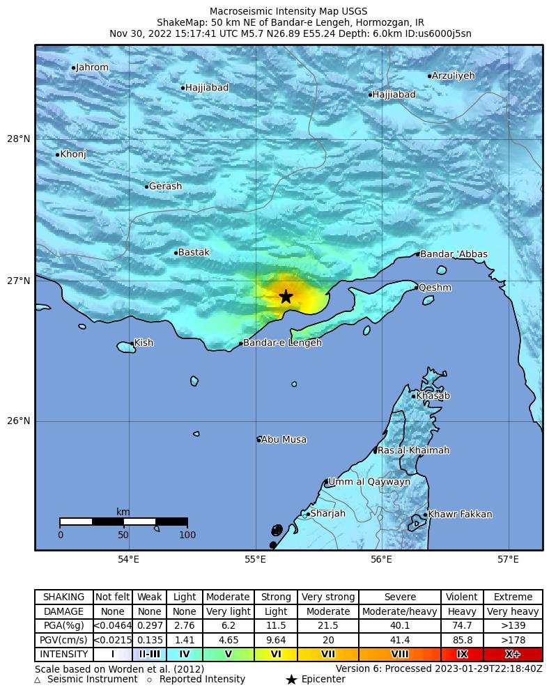 USGS ShakeMap intensity contours for the M5.7 earthquake near southern Iran
