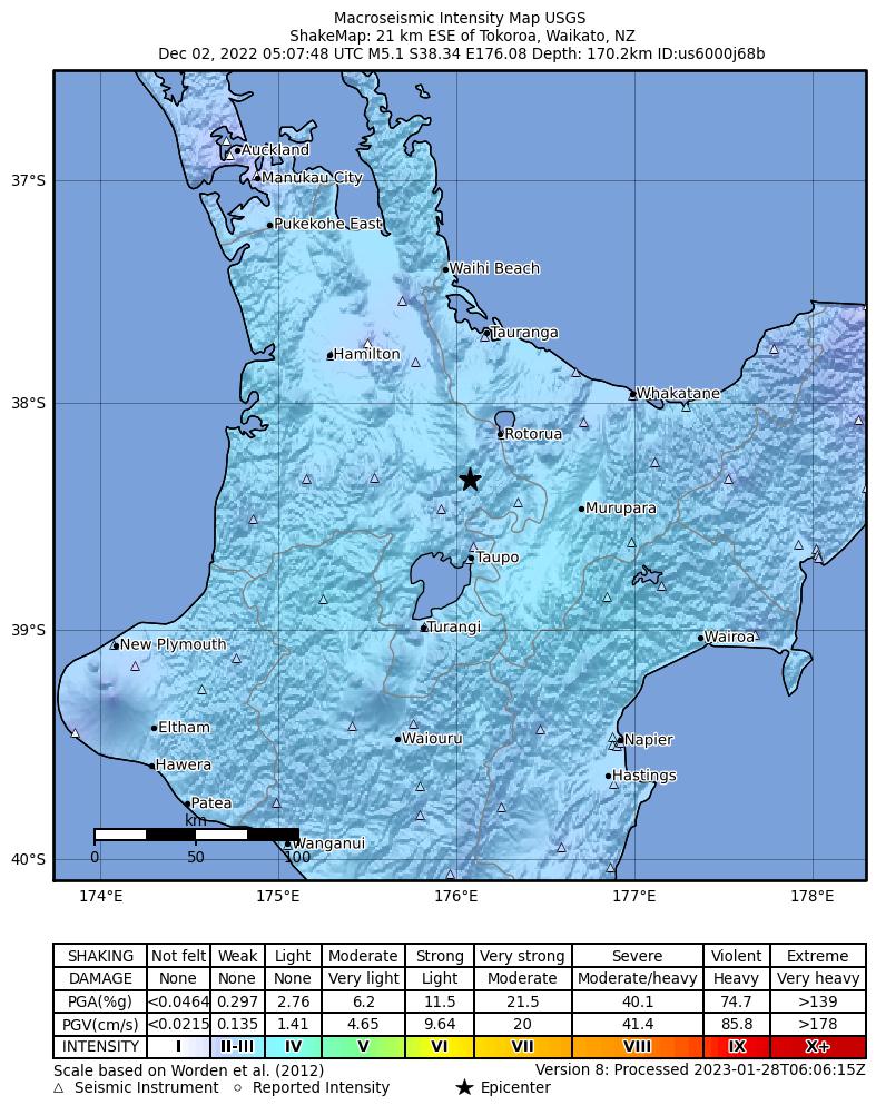 USGS ShakeMap intensity contours for the M5.1 earthquake near 21 km ESE of Tokoroa, New Zealand