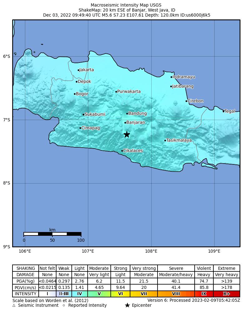 USGS ShakeMap intensity contours for the M5.6 earthquake near 20 km ESE of Banjar, Indonesia