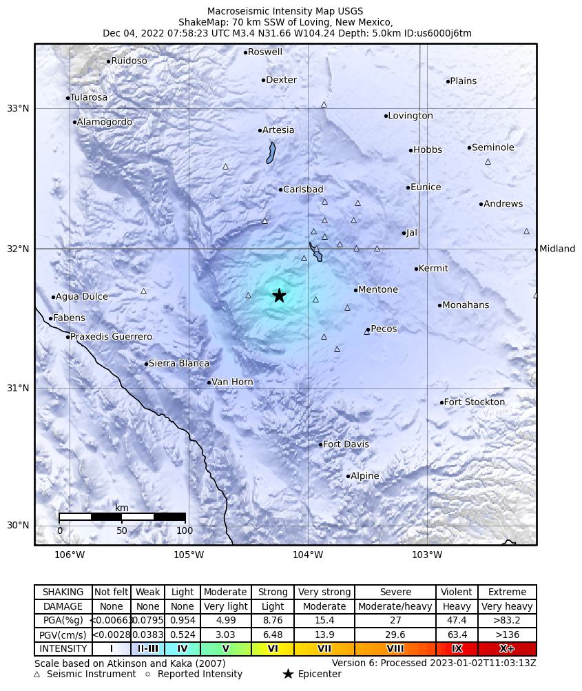 USGS ShakeMap: estimated shaking intensity around the epicenter