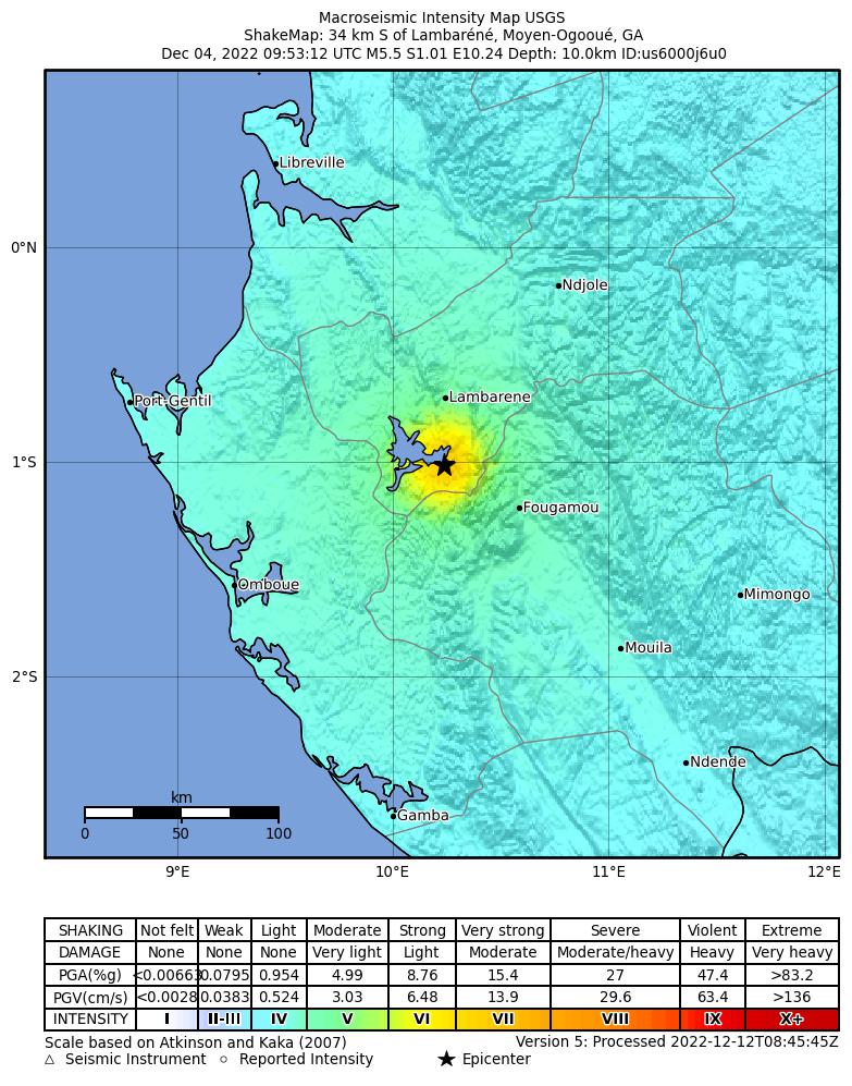USGS ShakeMap intensity contours for the M5.5 earthquake near 34 km S of Lambaréné, Gabon