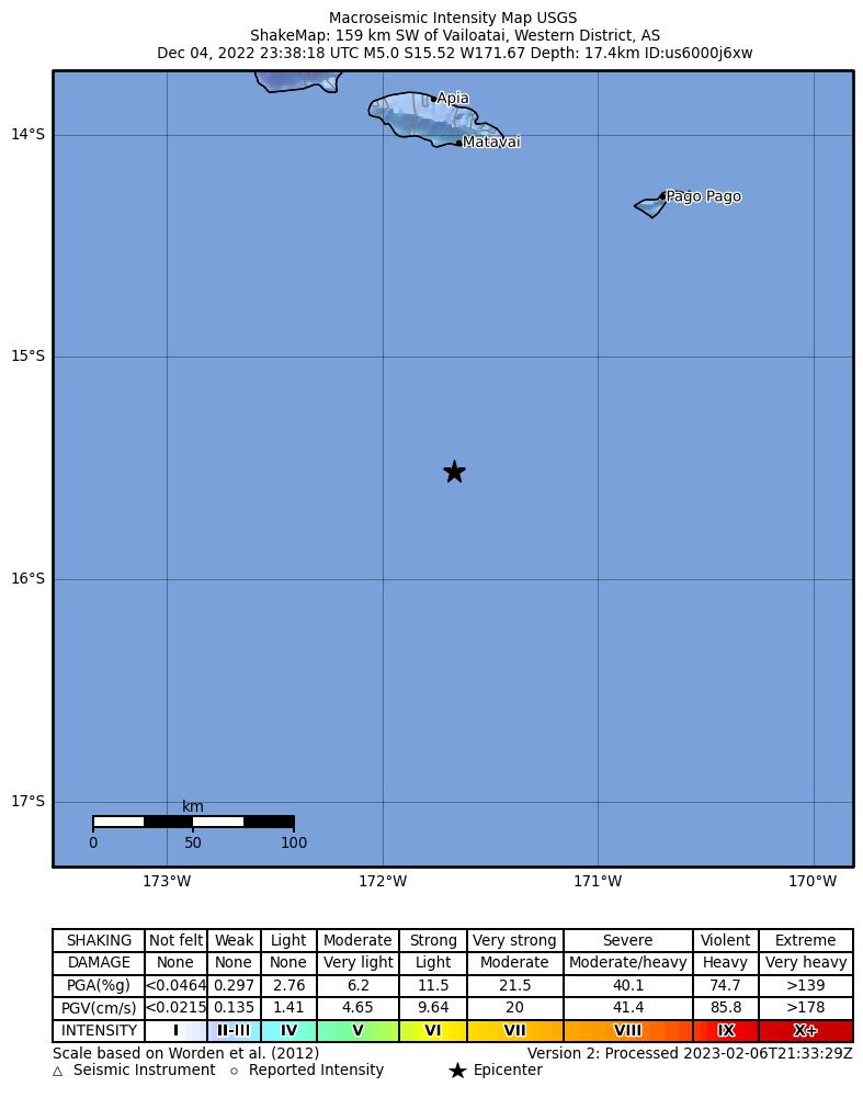 USGS ShakeMap intensity contours for the M5.0 earthquake near Samoa Islands region