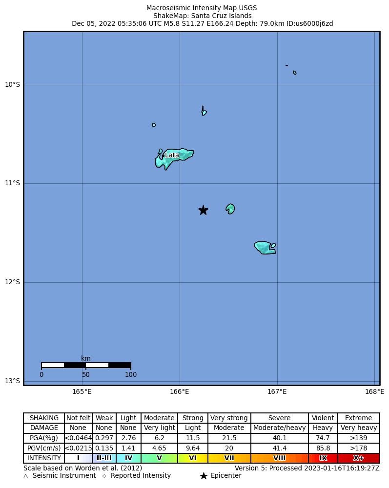 USGS ShakeMap intensity contours for the M5.8 earthquake near Santa Cruz Islands