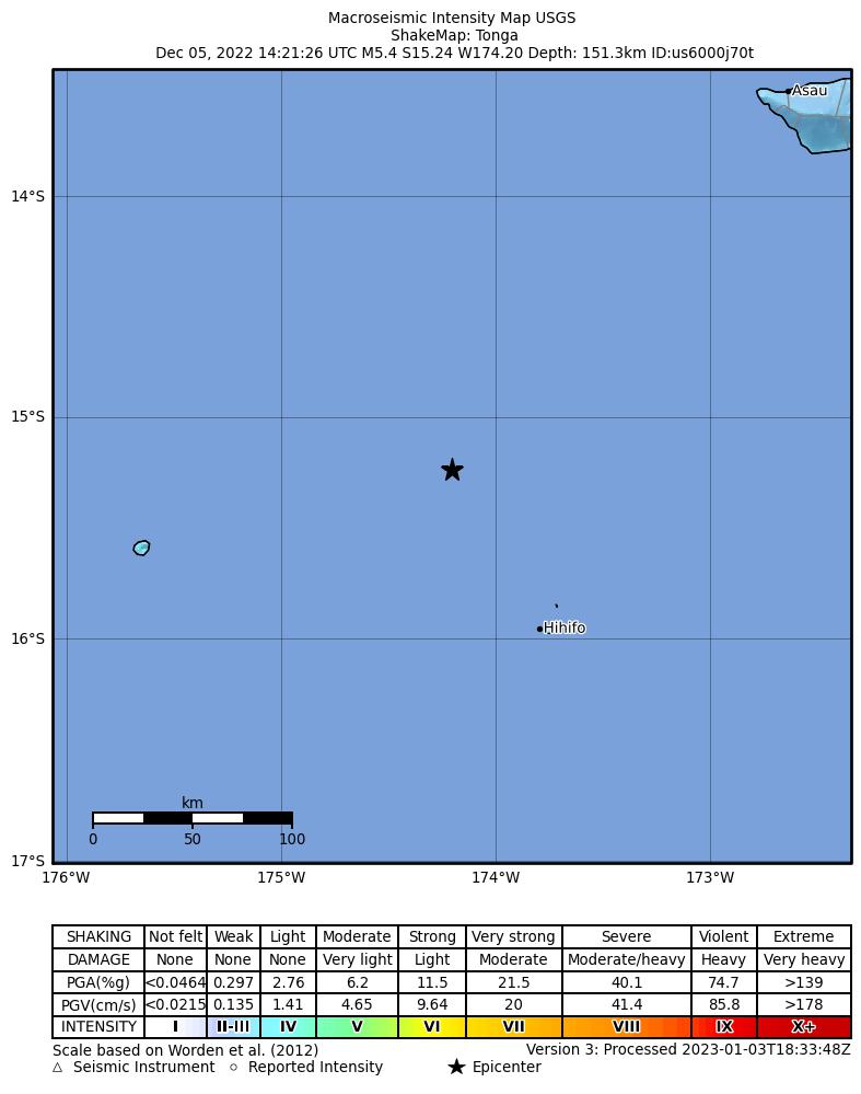 USGS ShakeMap intensity contours for the M5.4 earthquake near 90 km NNW of Hihifo, Tonga