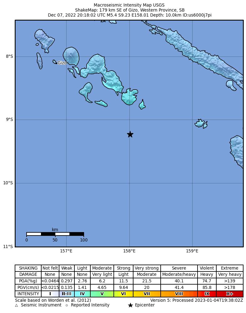 USGS ShakeMap intensity contours for the M5.4 earthquake near Solomon Islands