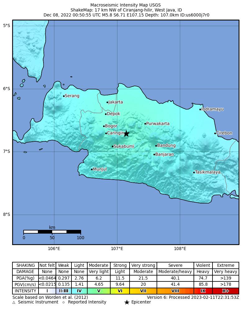 USGS ShakeMap intensity contours for the M5.8 earthquake near 17 km NW of Ciranjang-hilir, Indonesia