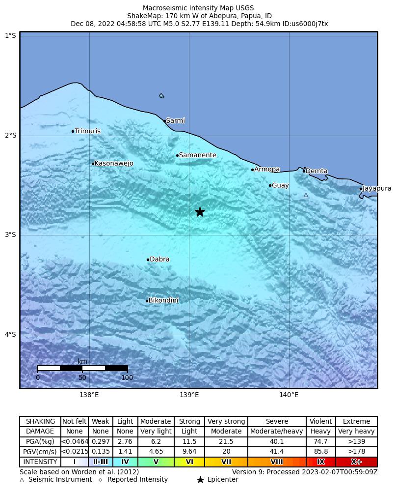 USGS ShakeMap intensity contours for the M5.0 earthquake near 170 km W of Abepura, Indonesia