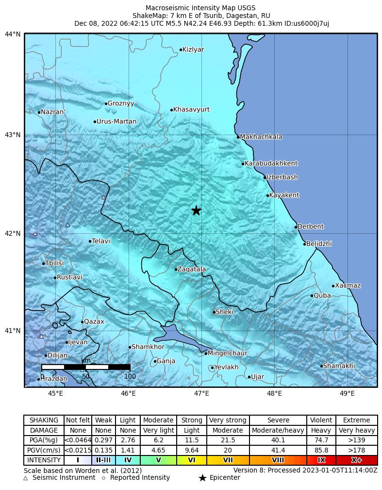 USGS ShakeMap intensity contours for the M5.5 earthquake near 7 km E of Tsurib, Russia