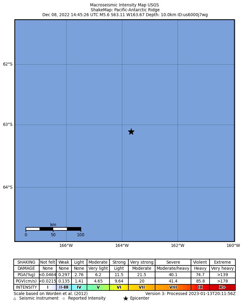 USGS ShakeMap intensity contours for the M5.6 earthquake near Pacific-Antarctic Ridge