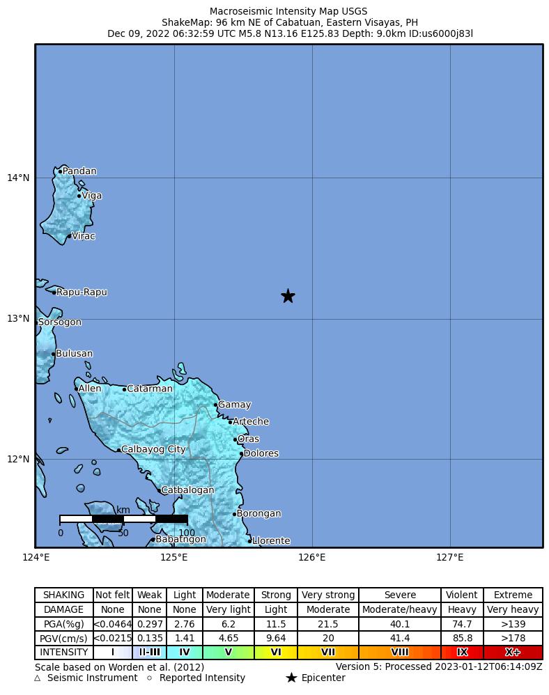 USGS ShakeMap intensity contours for the M5.8 earthquake near 96 km NE of Cabatuan, Philippines