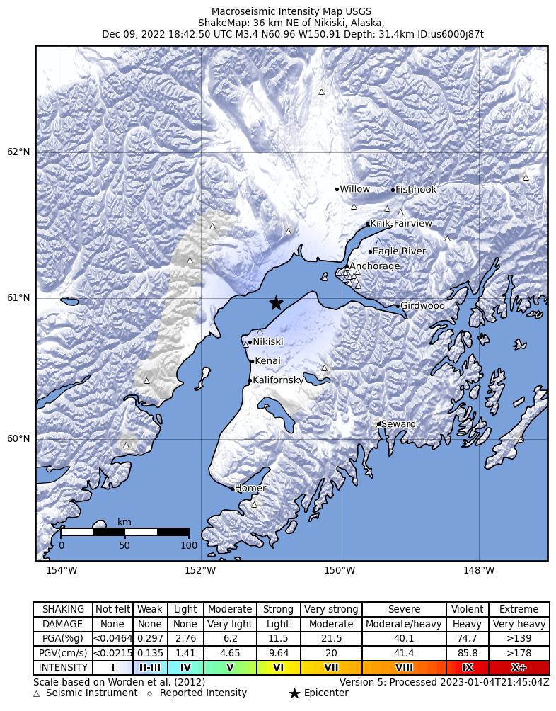 USGS ShakeMap intensity contours for the M3.2 earthquake near 10 km W of Point Possession, Alaska