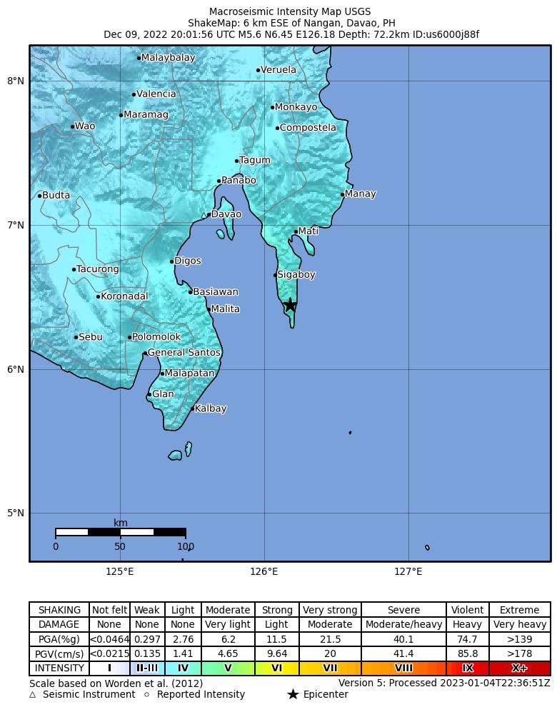 USGS ShakeMap intensity contours for the M5.6 earthquake near 6 km ESE of Nangan, Philippines