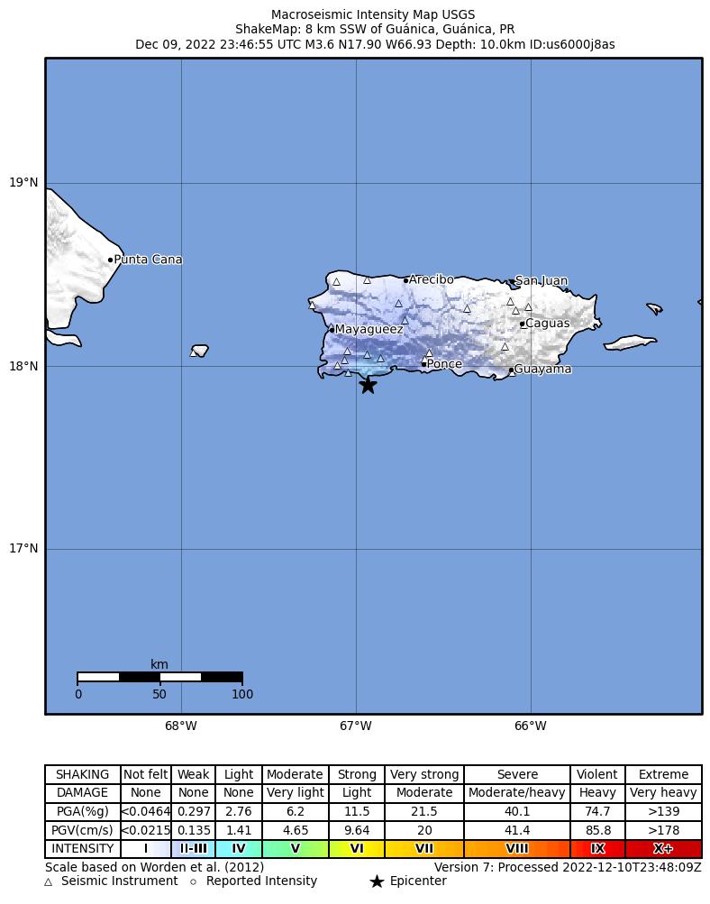 USGS ShakeMap intensity contours for the M3.7 earthquake near 4 km WSW of Guánica, Puerto Rico