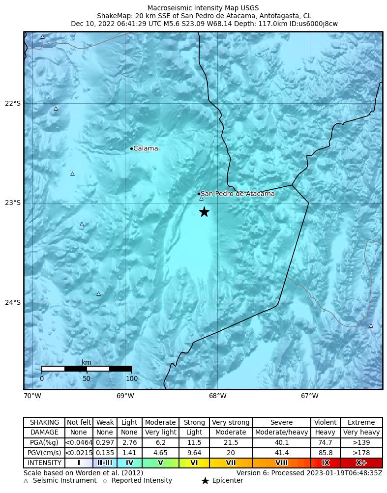 USGS ShakeMap intensity contours for the M5.6 earthquake near 20 km SSE of San Pedro de Atacama, Chile