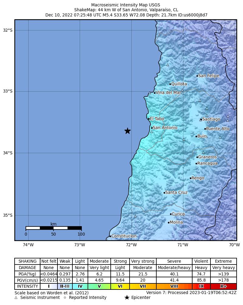 USGS ShakeMap intensity contours for the M5.4 earthquake near Offshore Valparaiso, Chile
