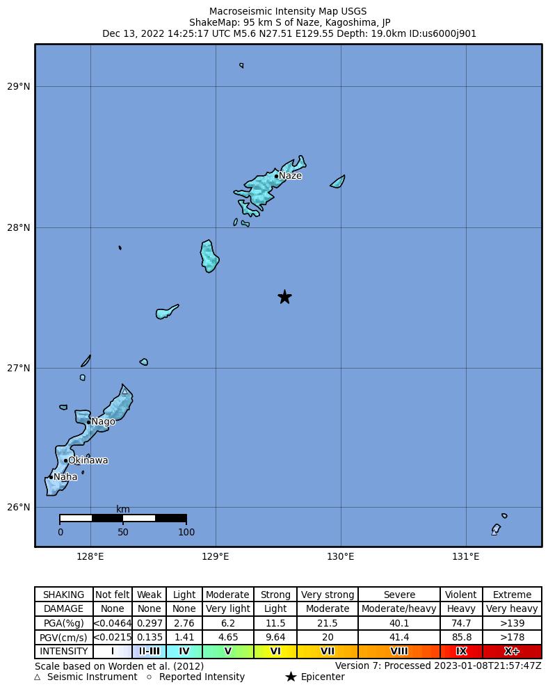 USGS ShakeMap intensity contours for the M5.6 earthquake near 95 km S of Naze, Japan