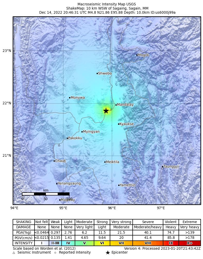 USGS ShakeMap intensity contours for the M4.8 earthquake near 10 km WSW of Sagaing, Myanmar