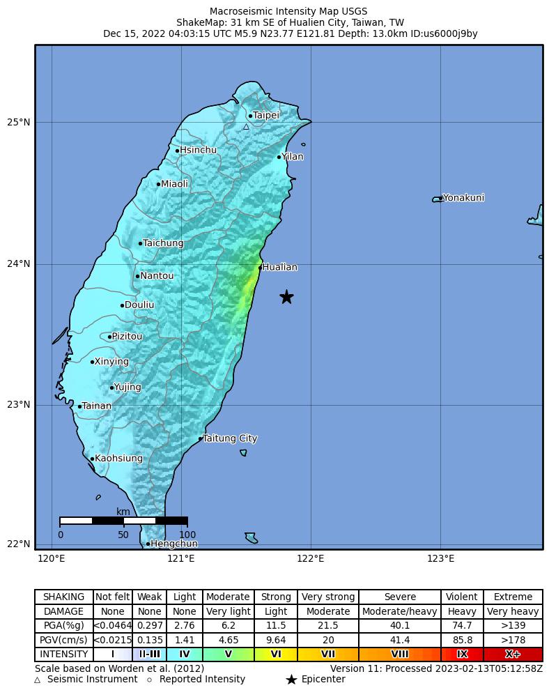 USGS ShakeMap intensity contours for the M5.9 earthquake near 31 km SE of Hualien City, Taiwan