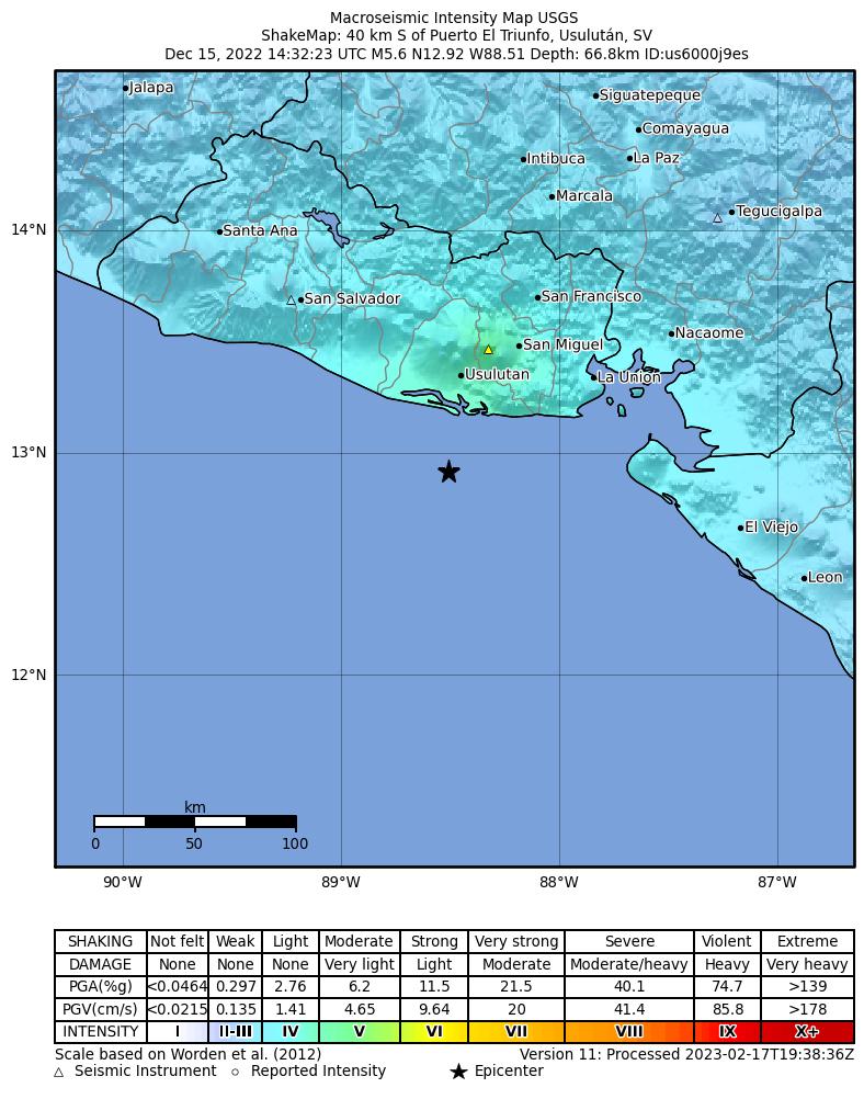 USGS ShakeMap intensity contours for the M5.6 earthquake near 40 km S of Puerto El Triunfo, El Salvador