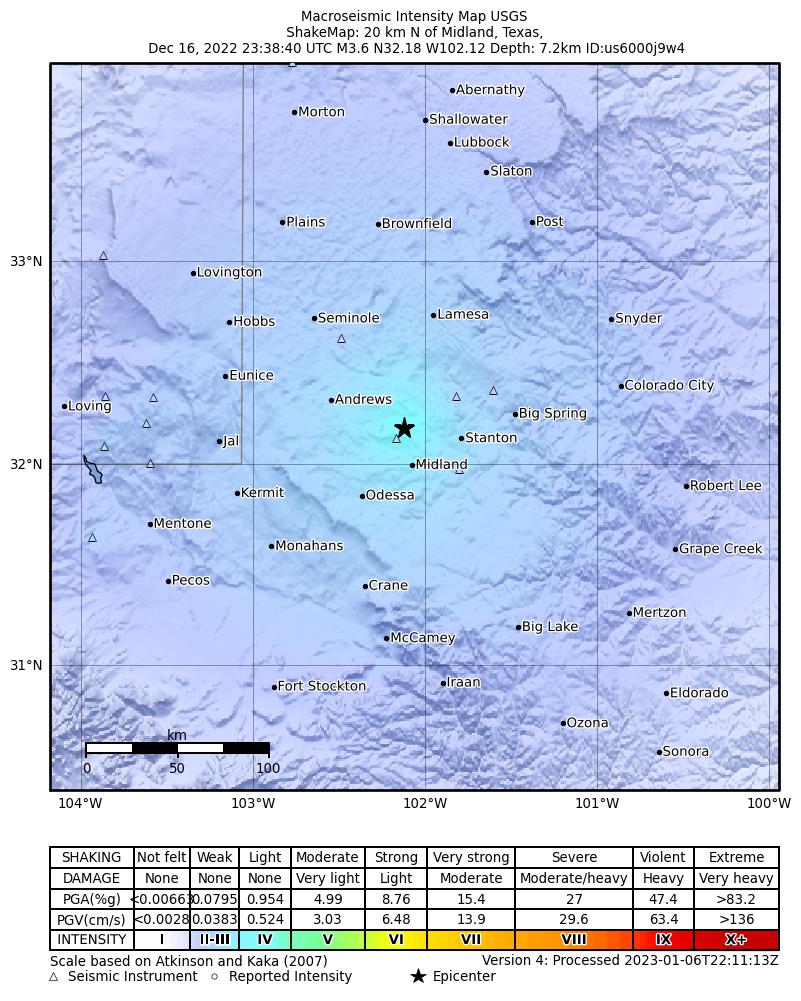 USGS ShakeMap intensity contours for the M3.4 earthquake near 21 km NNW of Midland, Texas