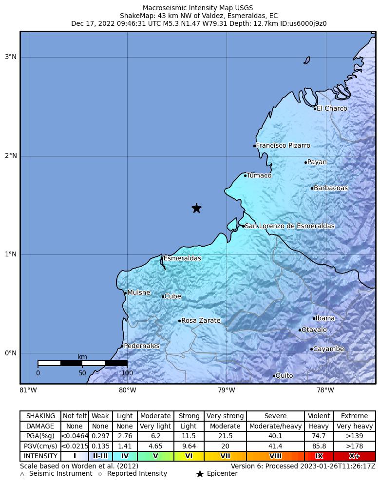 USGS ShakeMap intensity contours for the M5.3 earthquake near 43 km NW of Valdez, Ecuador
