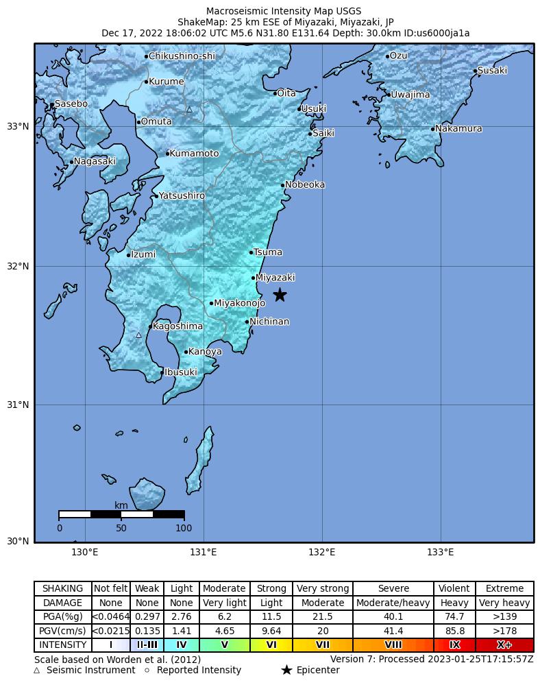 USGS ShakeMap intensity contours for the M5.6 earthquake near 25 km ESE of Miyazaki, Japan