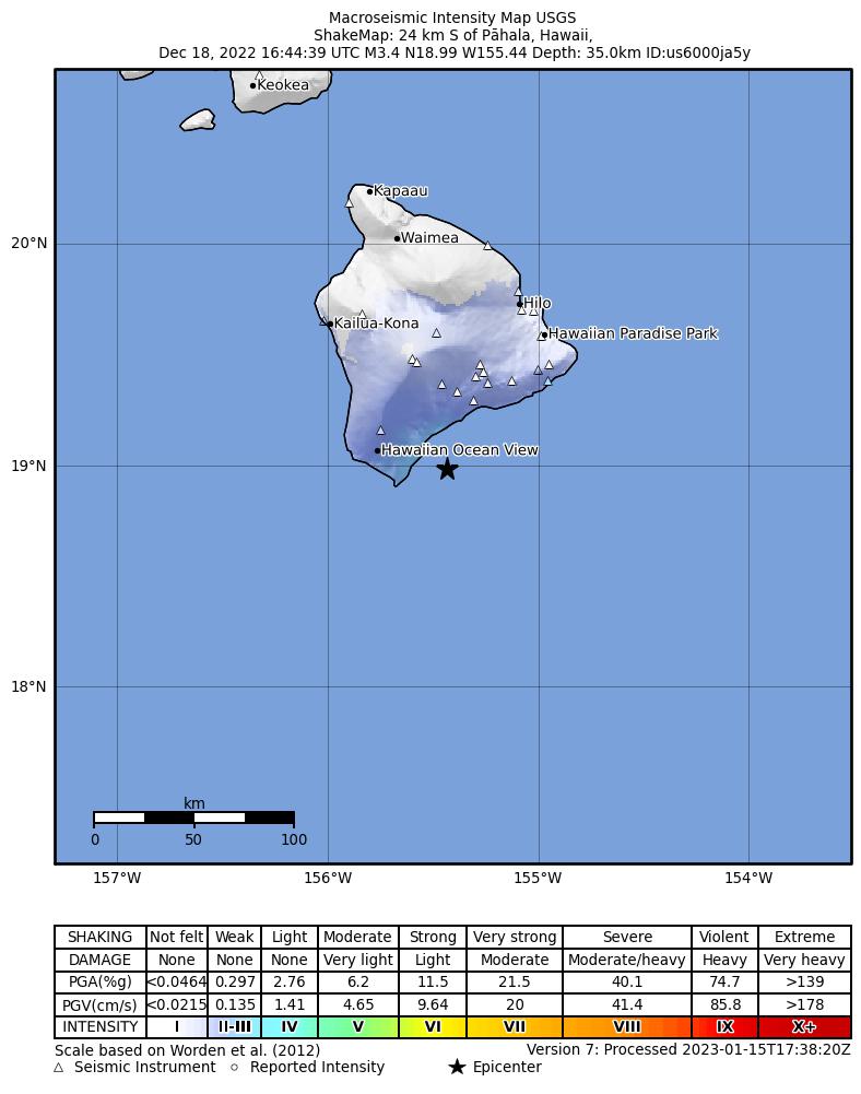 USGS ShakeMap intensity contours for the M3.4 earthquake near 18 km ESE of Naalehu, Hawaii