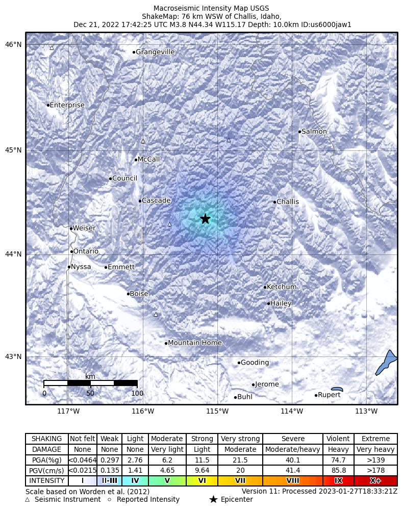 USGS ShakeMap intensity contours for the M3.8 earthquake near 22 km NW of Stanley, Idaho