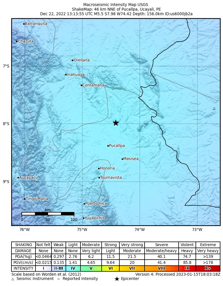 USGS ShakeMap intensity contours for the M5.5 earthquake near 46 km NNE of Pucallpa, Peru