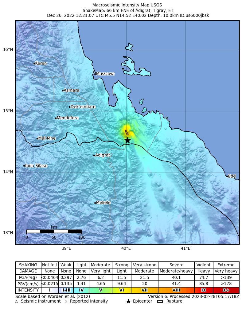 USGS ShakeMap intensity contours for the M5.5 earthquake near 66 km ENE of ?d?grat, Ethiopia