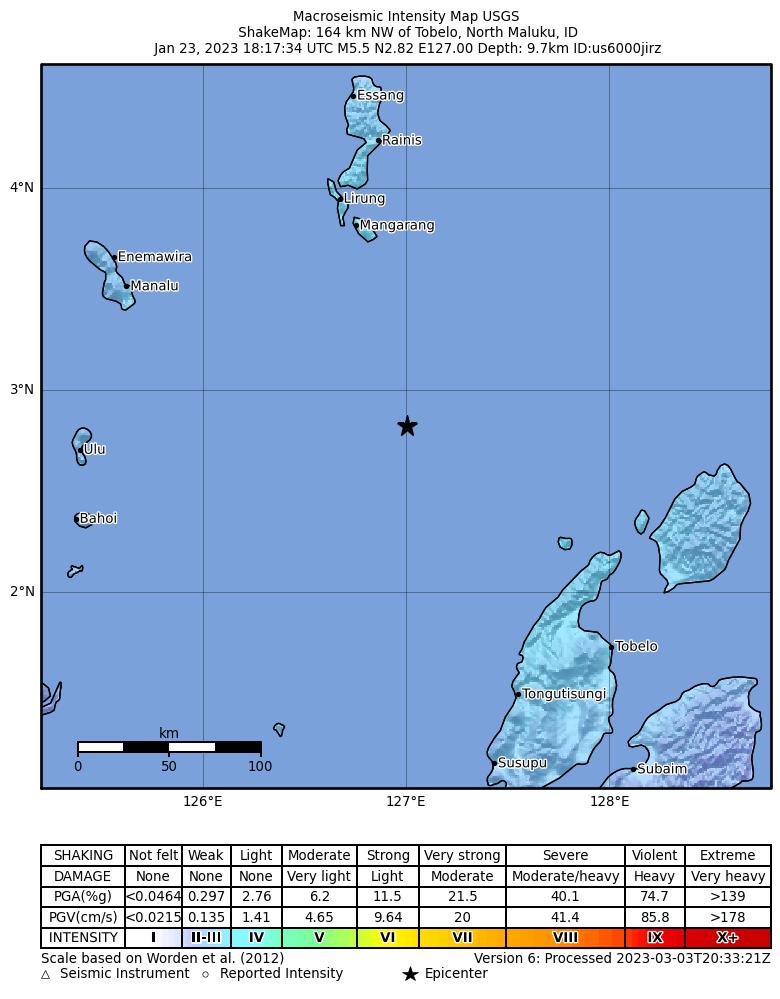 USGS ShakeMap intensity contours for the M5.5 earthquake near 164 km NW of Tobelo, Indonesia