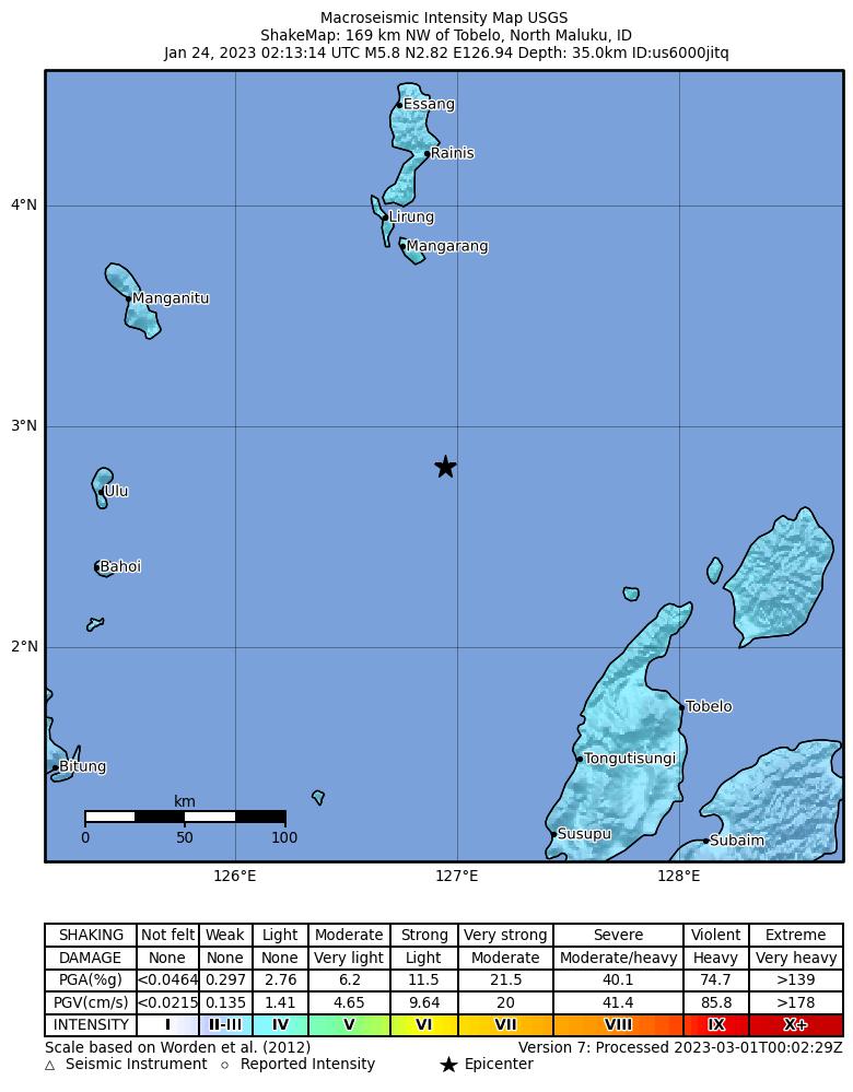 USGS ShakeMap intensity contours for the M5.8 earthquake near 169 km NW of Tobelo, Indonesia
