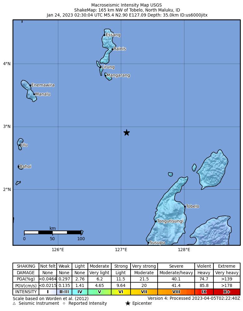 USGS ShakeMap intensity contours for the M5.4 earthquake near 165 km NW of Tobelo, Indonesia