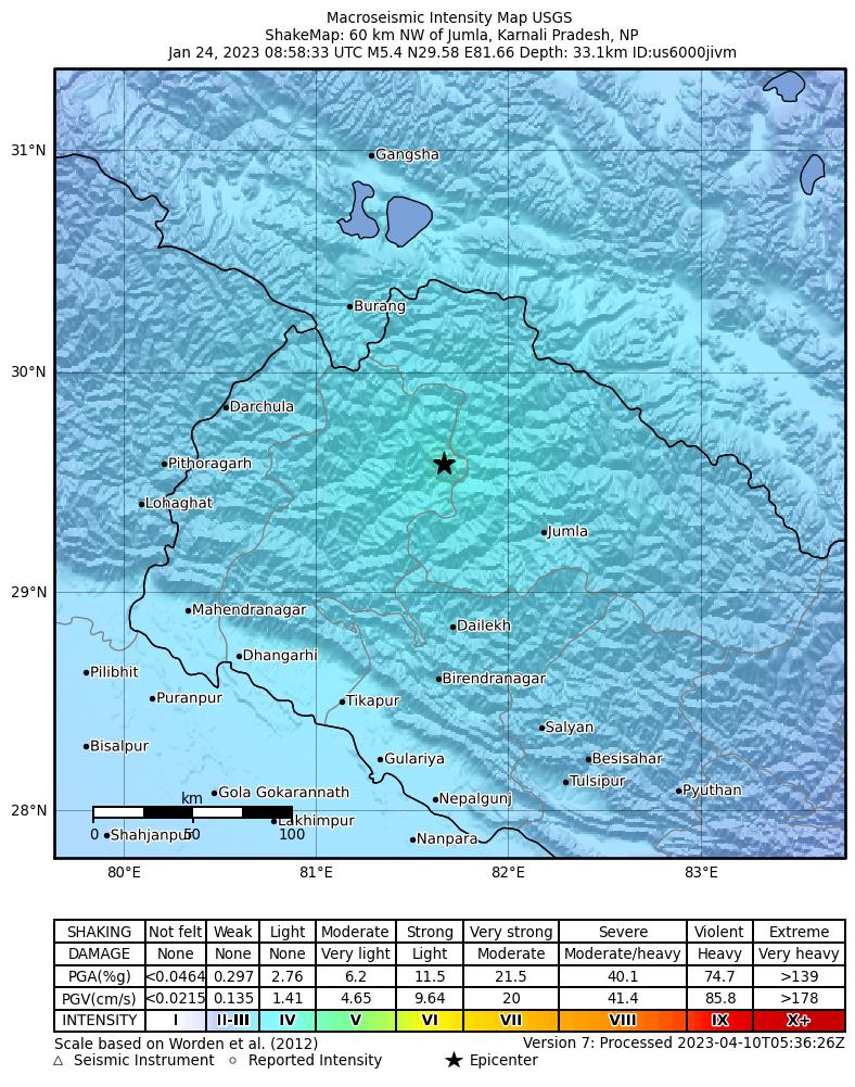USGS ShakeMap intensity contours for the M5.4 earthquake near 60 km NW of Jumla, Nepal