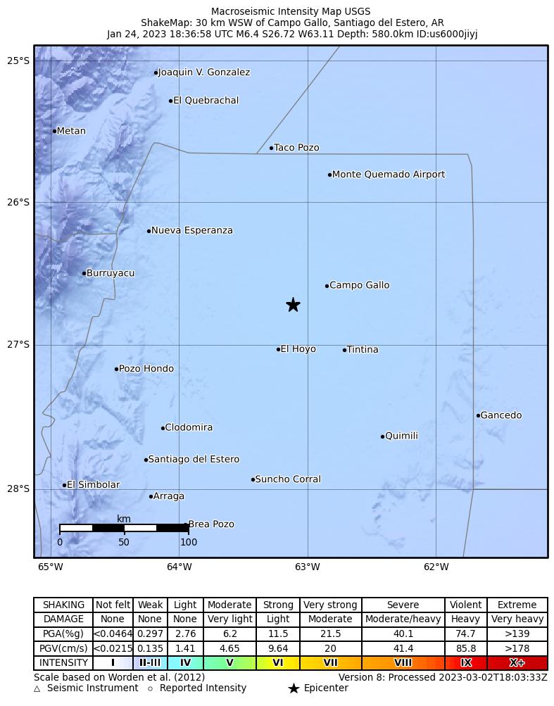 USGS ShakeMap intensity contours for the M6.4 earthquake near Santiago del Estero, Argentina
