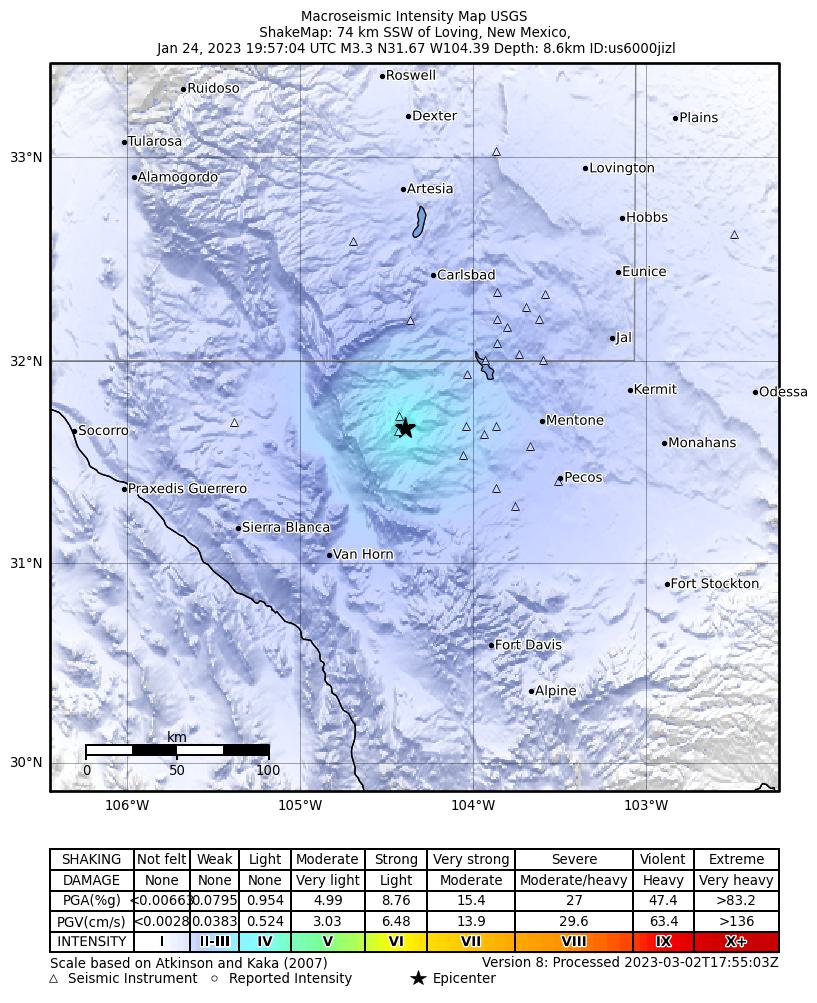 USGS ShakeMap intensity contours for the M3.5 earthquake near 55 km S of Whites City, New Mexico