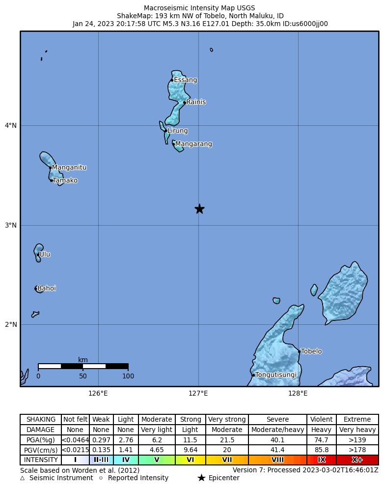 USGS ShakeMap intensity contours for the M5.3 earthquake near 193 km NW of Tobelo, Indonesia