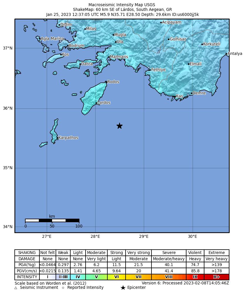 USGS ShakeMap intensity contours for the M5.9 earthquake near 60 km SE of Lárdos, Greece