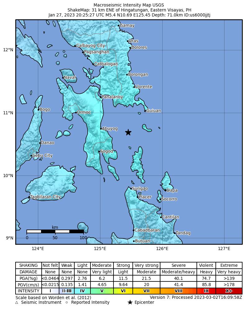 USGS ShakeMap intensity contours for the M5.4 earthquake near Leyte, Philippines