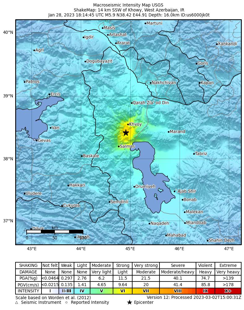 USGS ShakeMap intensity contours for the M5.9 earthquake near 14 km SSW of Khowy, Iran