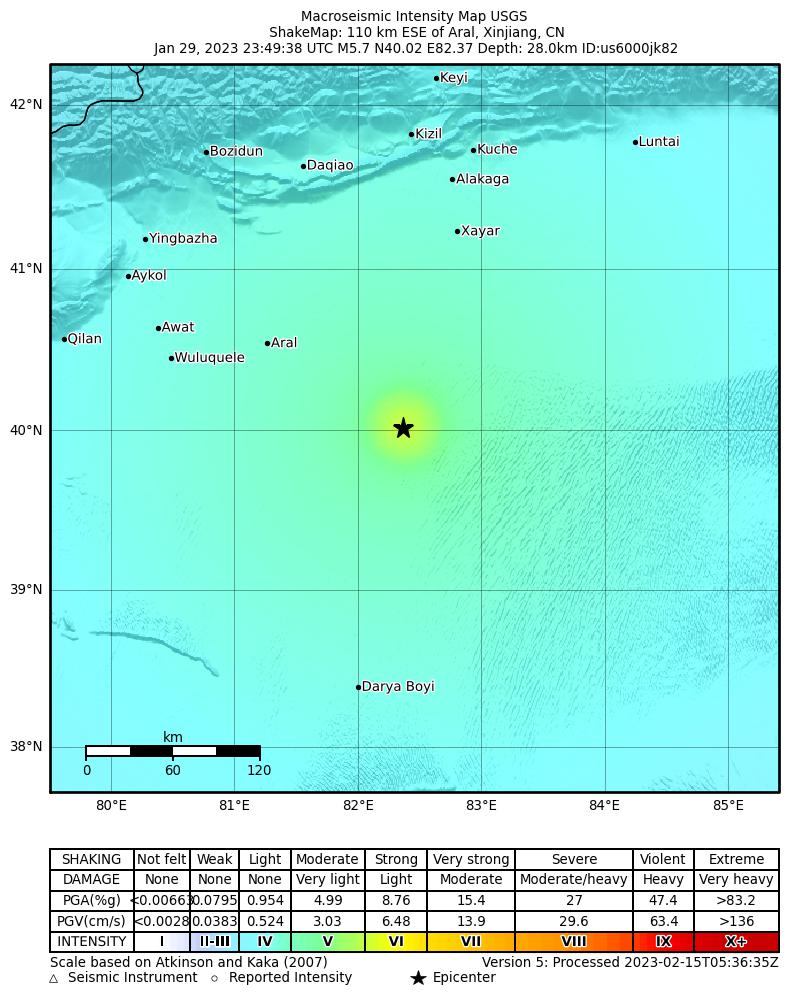 USGS ShakeMap intensity contours for the M5.7 earthquake near southern Xinjiang, China