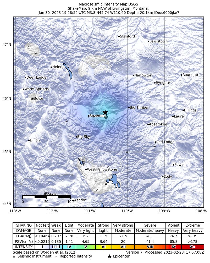 USGS ShakeMap intensity contours for the M3.8 earthquake near 9 km NNW of Livingston, Montana