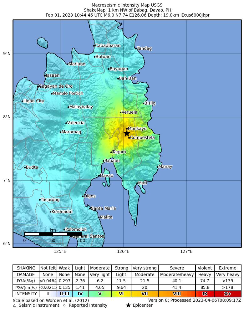 USGS ShakeMap intensity contours for the M6.0 earthquake near 1 km NW of Babag, Philippines