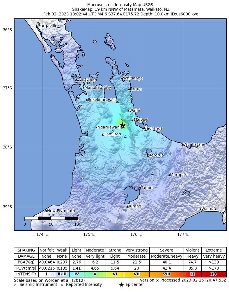 USGS ShakeMap intensity contours for the M4.6 earthquake near North Island of New Zealand